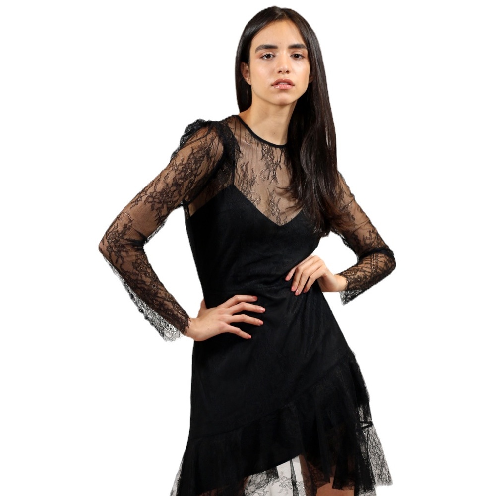 Lace elegant black asymmetrical dress